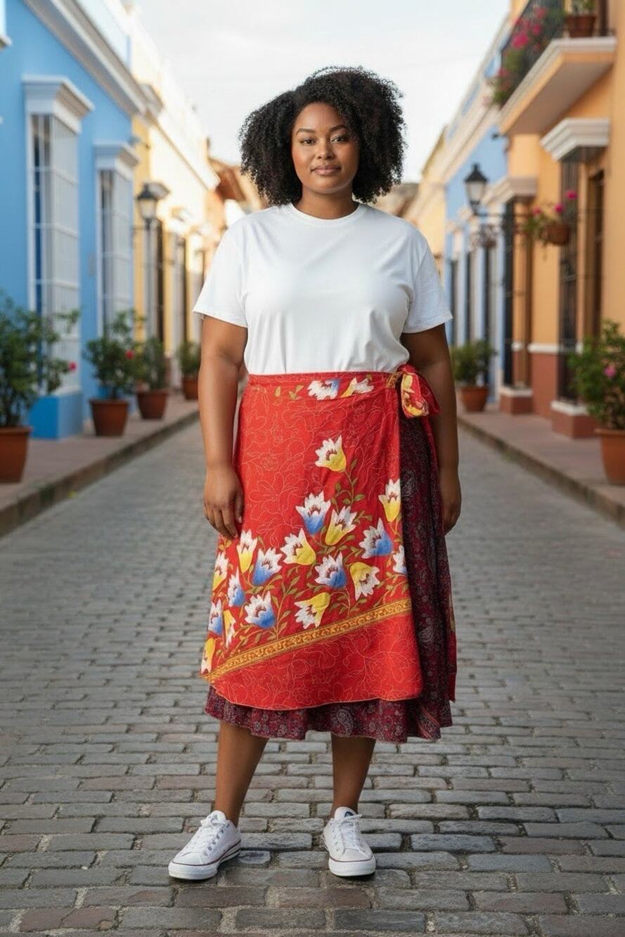 Darn Good Yarn Red Floral Sari Silk Wrap Skirt Tea Length Goddess Size 14-32